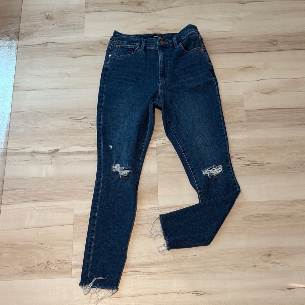 Express Dark Blue Distressed Skinny Jeans